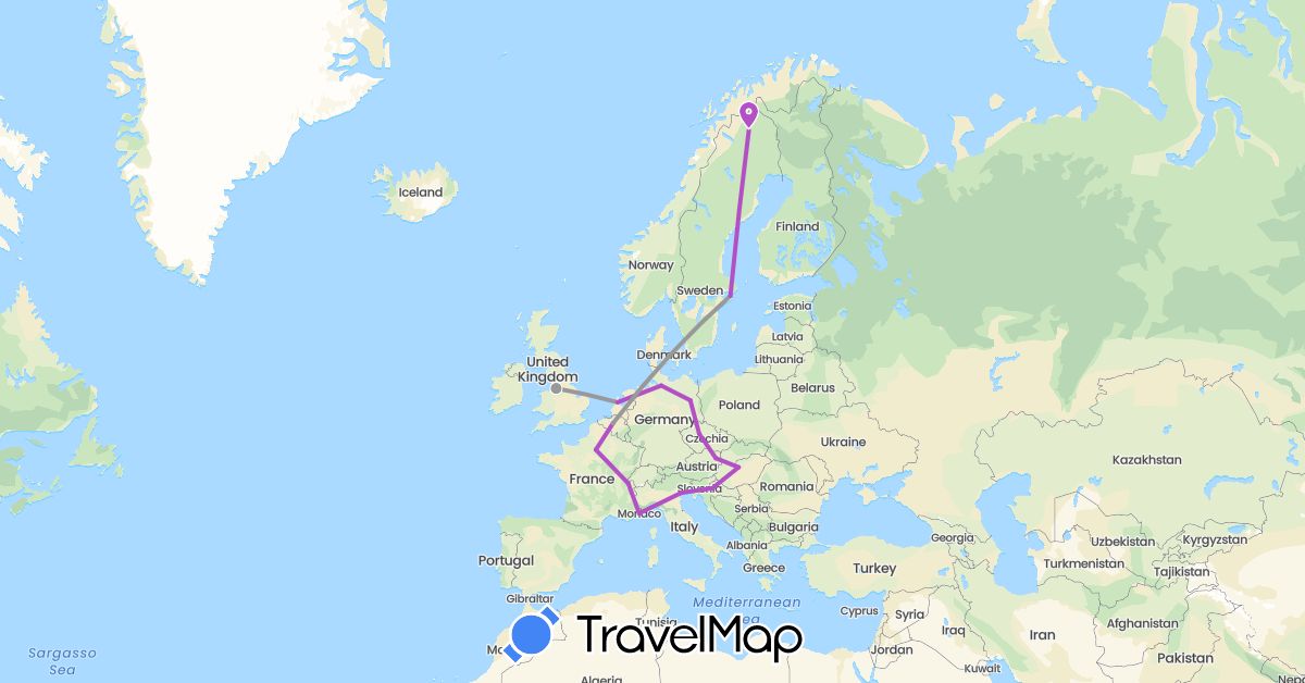 TravelMap itinerary: driving, plane, train in Austria, Belgium, Switzerland, Czech Republic, Germany, France, United Kingdom, Croatia, Hungary, Italy, Monaco, Netherlands, Sweden (Europe)